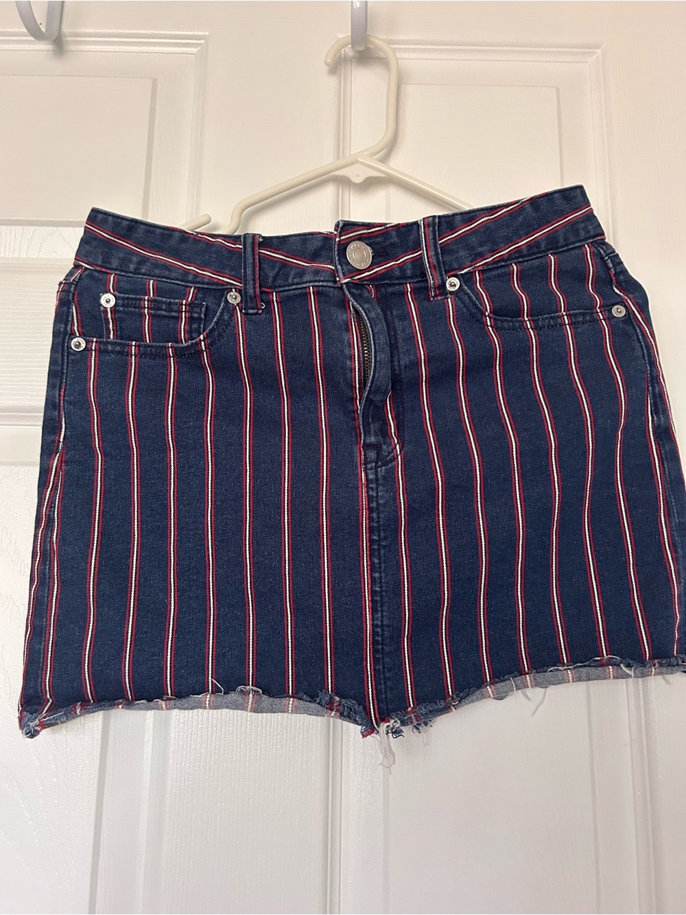 American Eagle Outfitters Navy Denim Mini Shorts with Red & White Stripes